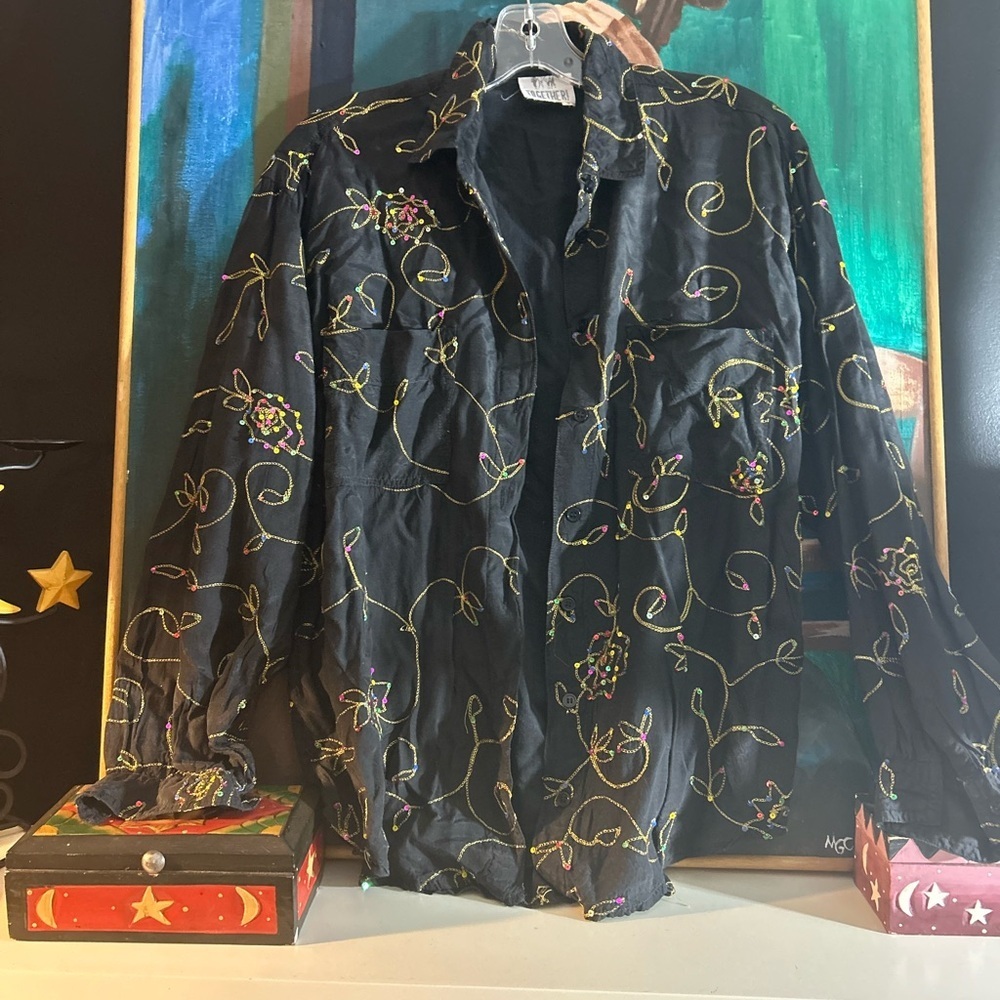 Vintage 80s 90s Together Multicolor Embroidered Sequinned Blouse M/L